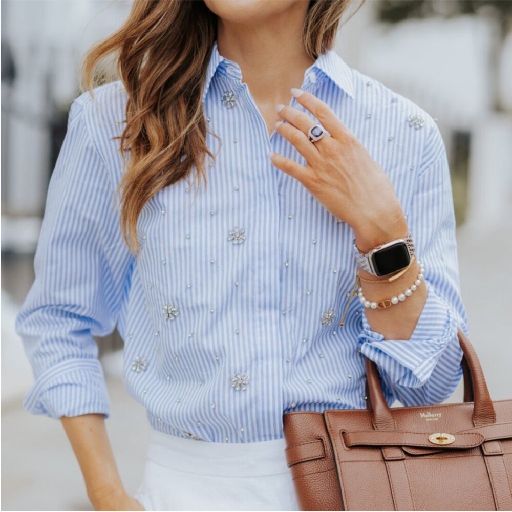 J. Crew Collection Garçon Classic Fit Pinstripe Embellished Button-Down Shirt
